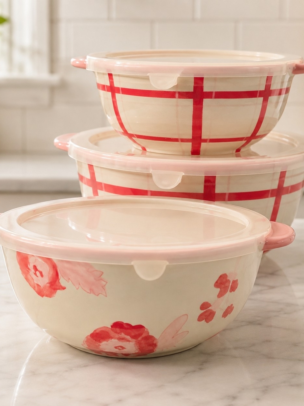 Love & Daisies 3 Bowl Set 7” 9” 10” Pink Floral Plaid w/ Lids